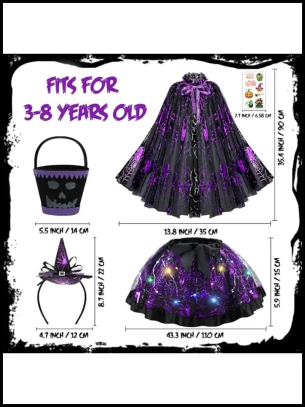 Girls Spider Witch Halloween Costume Set with Light Up Tutu Cape and Trick or